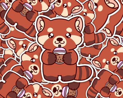 "Berry" the Red Panda Drinking Boba Waterproof Vinyl Sticker