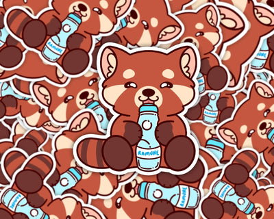 "Berry" the Red Panda Drinking Ramune Waterproof Vinyl Sticker