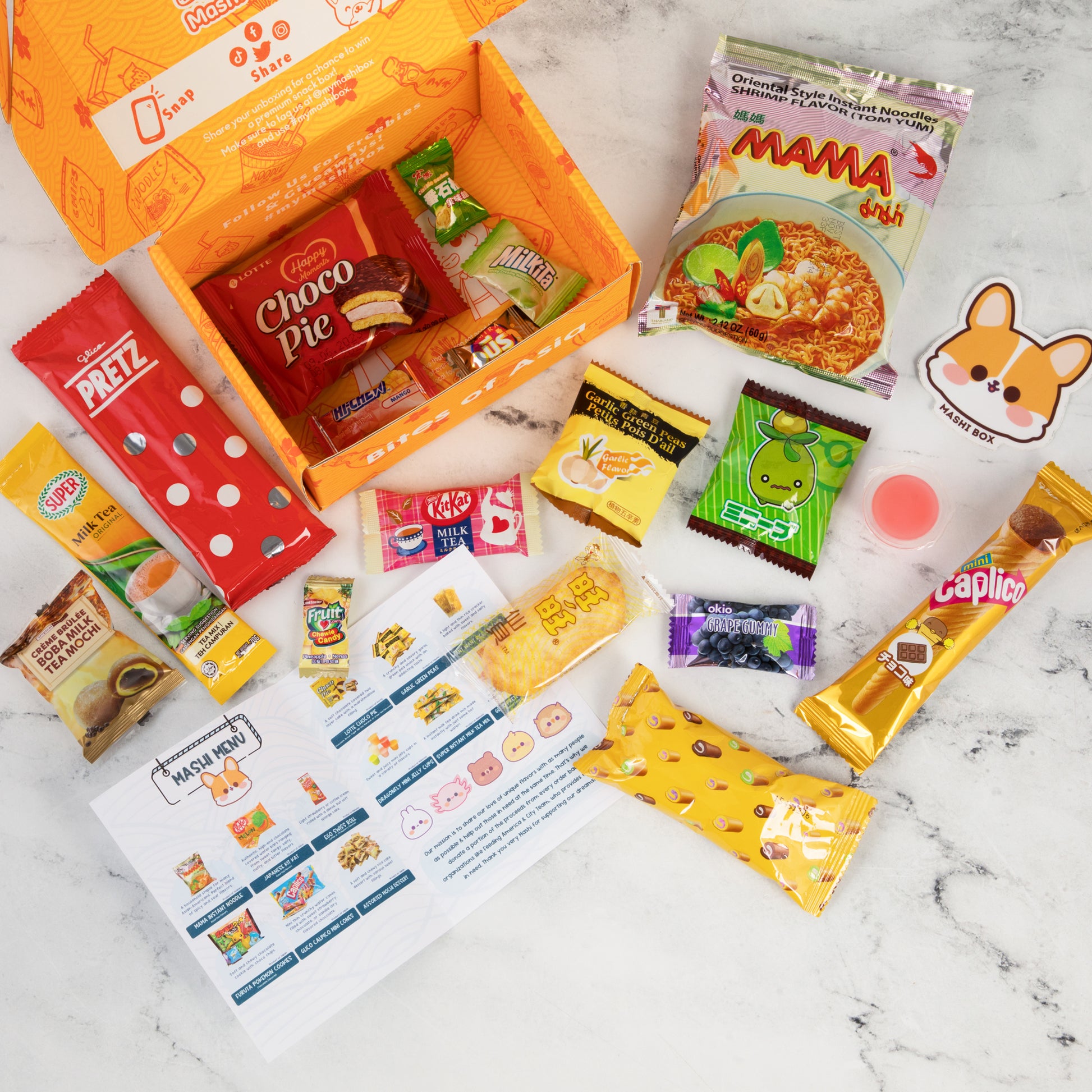 Sanrio x Mashi Box Mystery Asian Snack Box - 55 Total Pieces with at least  1 Drink and 6 Full-Sized Items, 40 Candies, and 8 Snacks
