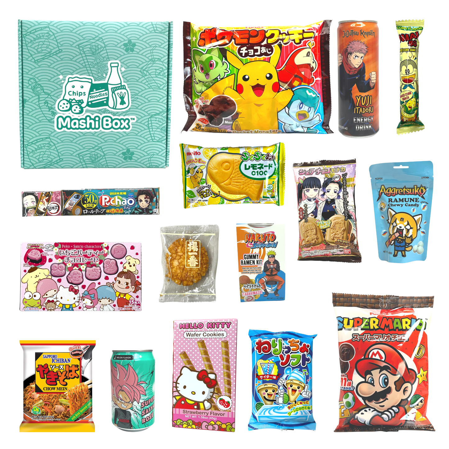 Mashi Box Anime and Japanese Snack Box - Filled with Themed Full-Sized Chips, Drinks, Candy, Snacks and More!