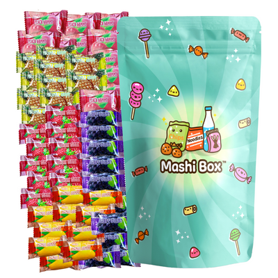 Sanrio x Mashi Box Mystery Asian Snack Box - 55 Total Pieces with at least  1 Drink and 6 Full-Sized Items, 40 Candies, and 8 Snacks