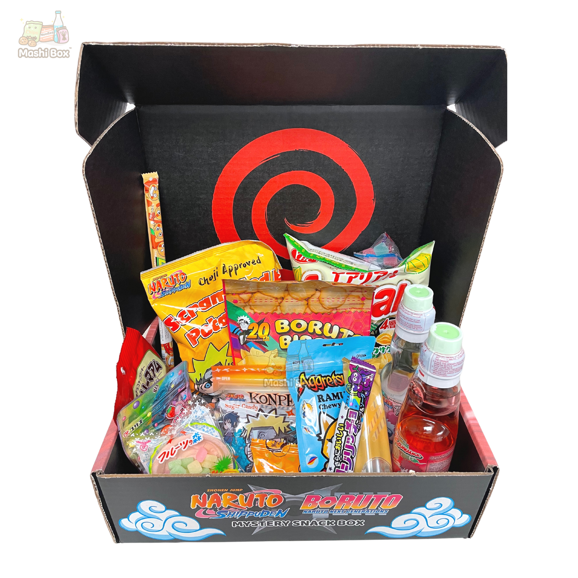  Asian Food Grocer NARUTO Snack Box - 1 to 2 Bottles of NARUTO &  BORUTO Ramunes + 13 to 14 Japan imported snacks
